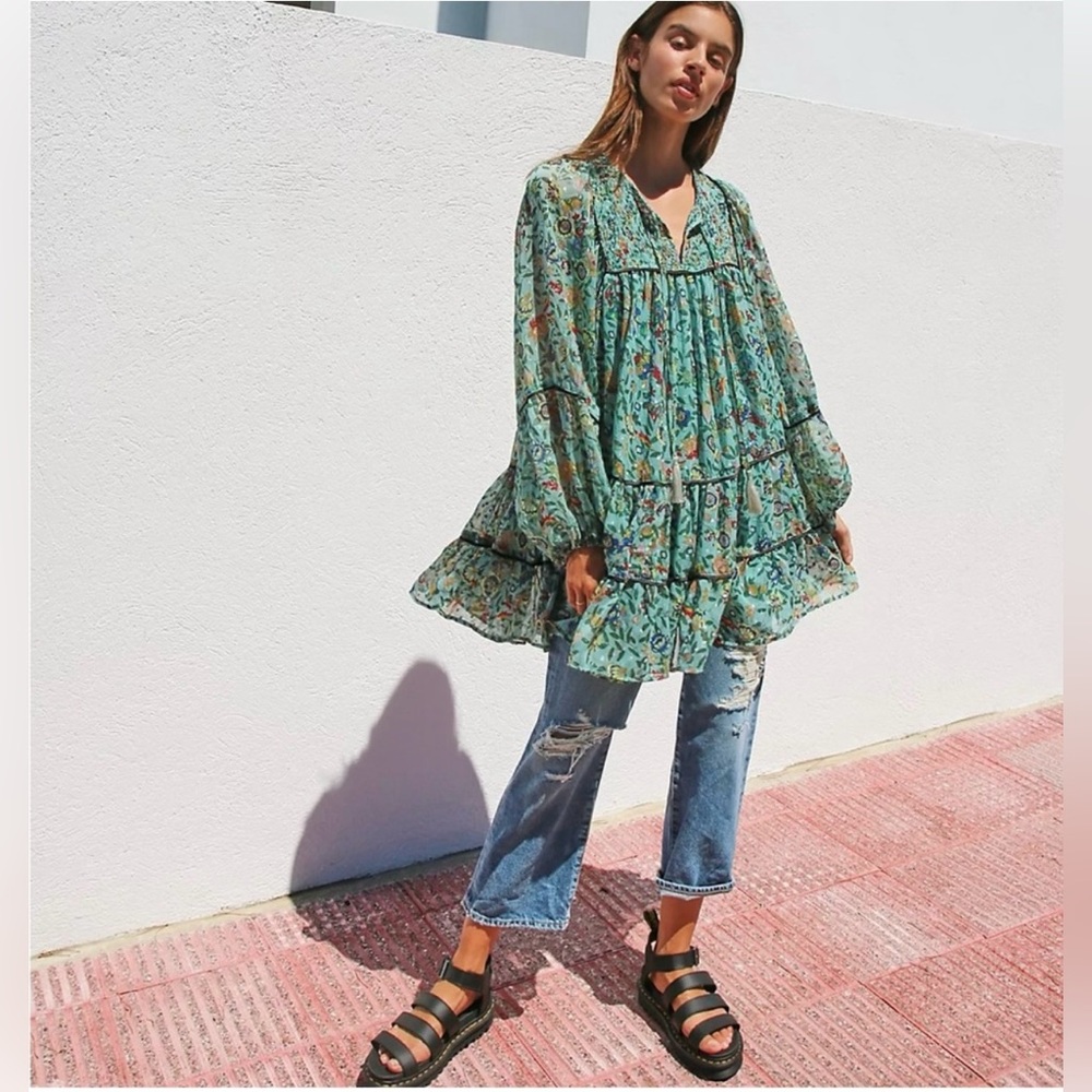 Free People Free Swinging Mini Dress | Teal Boho Chiffon Puff Sleeve | Size XS